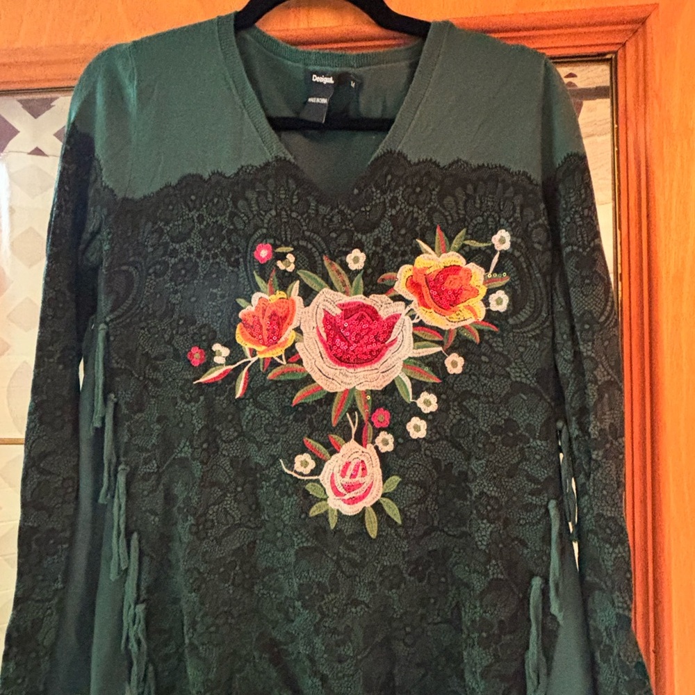 Desigual Dark Green Floral Embroidered Long Sleeve Top